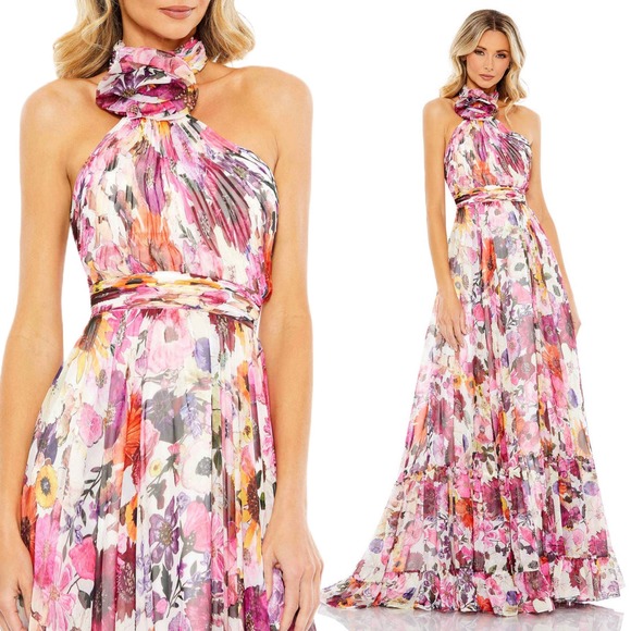 Mac Duggal Dresses & Skirts - Sold. Mac Duggal NEW Asymmetrical Ruffled Halter Floral Chiffon Gown Size 10